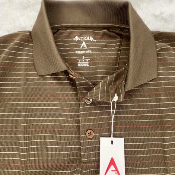ANTIGUA Desert Dry Golf Polo Shirt Brown White Stripe Short Sleeve Mens S NWT - Picture 4 of 12